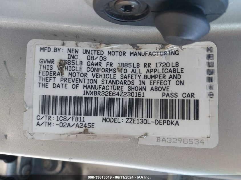 2004 Toyota Corolla Ce/Le/S VIN: 1NXBR32E64Z230161 Lot: 39613019