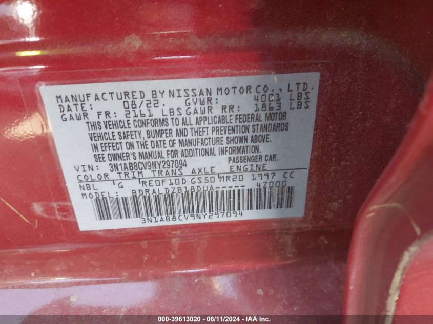 2022 Nissan Sentra Sv Xtronic Cvt VIN: 3N1AB8CV9NY297094 Lot: 39613020