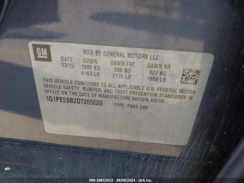 2013 Chevrolet Cruze 2Lt Auto VIN: 1G1PE5SB2D7265620 Lot: 39613033