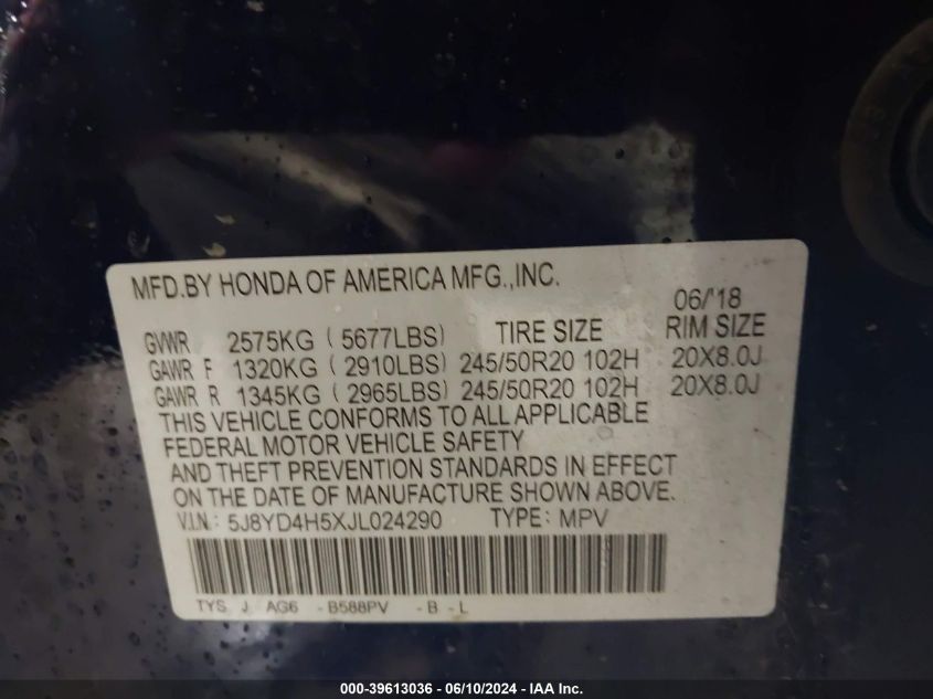 2018 Acura Mdx Technology Package Acurawatch Plus Pkg VIN: 5J8YD4H5XJL024290 Lot: 39613036