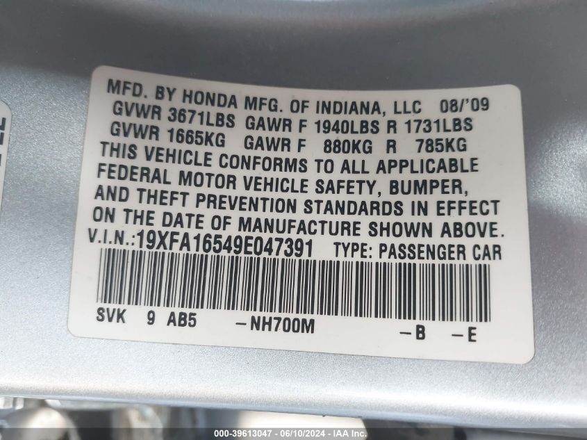 2009 Honda Civic Lx VIN: 19XFA16549E047391 Lot: 39613047