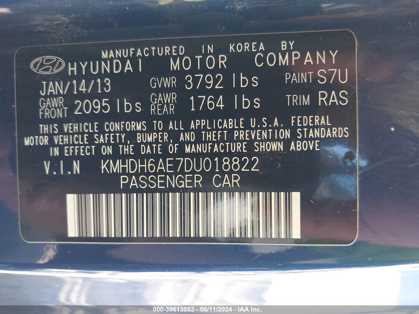 2013 Hyundai Elantra Se VIN: KMHDH6AE7DU018822 Lot: 39613053