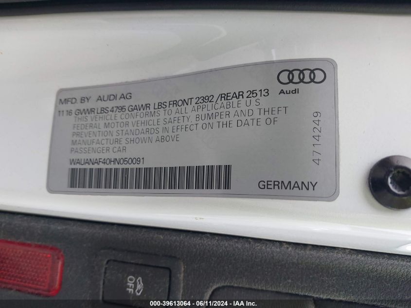 2017 Audi A4 2.0T Premium VIN: WAUANAF40HN050091 Lot: 39613064