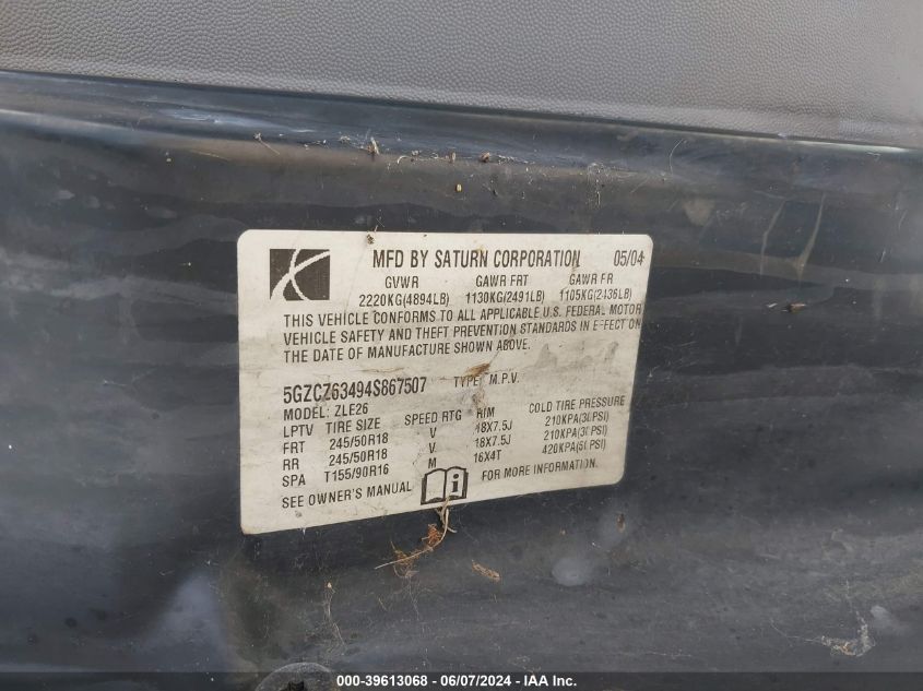 2004 Saturn Vue V6 VIN: 5GZCZ63494S867507 Lot: 39613068