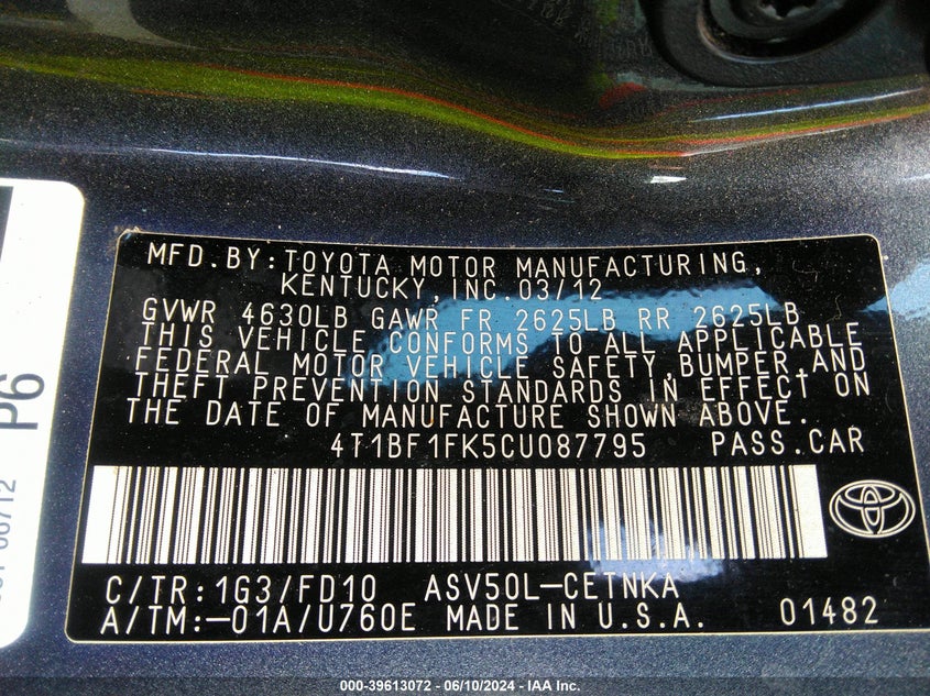 2012 Toyota Camry Le VIN: 4T1BF1FK5CU087795 Lot: 39613072