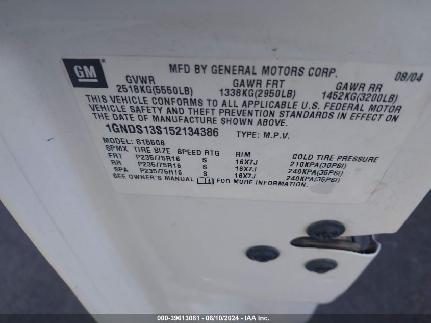 2005 Chevrolet Trailblazer Ls VIN: 1GNDS13S152134386 Lot: 39613081