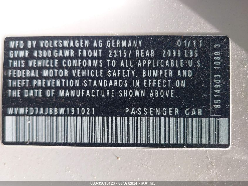 2011 Volkswagen Gti 2-Door VIN: WVWFD7AJ8BW191021 Lot: 39613123