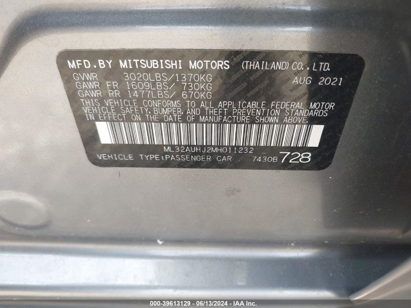 2021 Mitsubishi Mirage Carbonite Edition/Es/Le VIN: ML32AUHJ2MH011232 Lot: 39613129