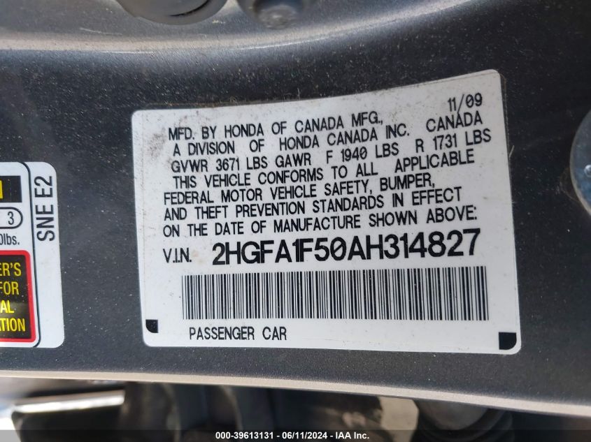 2010 Honda Civic Lx VIN: 2HGFA1F50AH314827 Lot: 39613131