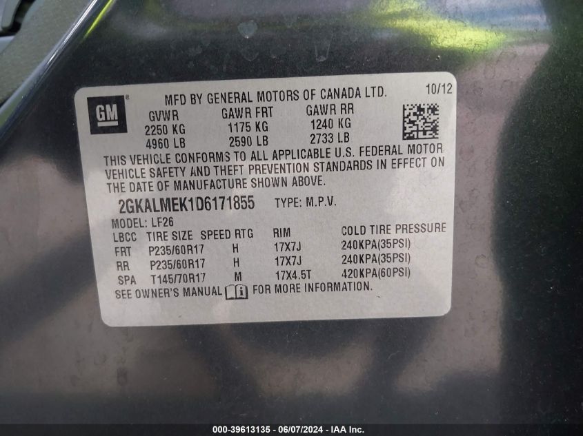 2013 GMC Terrain Sle-1 VIN: 2GKALMEK1D6171855 Lot: 39613135