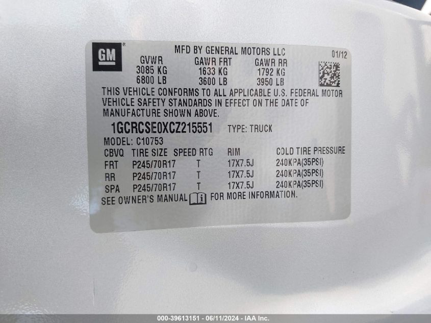 2012 Chevrolet Silverado 1500 Lt VIN: 1GCRCSE0XCZ215551 Lot: 39613151