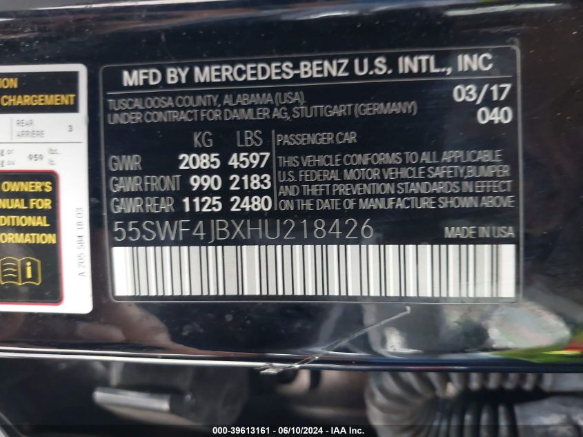 2017 Mercedes-Benz C 300 Luxury/Sport VIN: 55SWF4JBXHU218426 Lot: 39613161