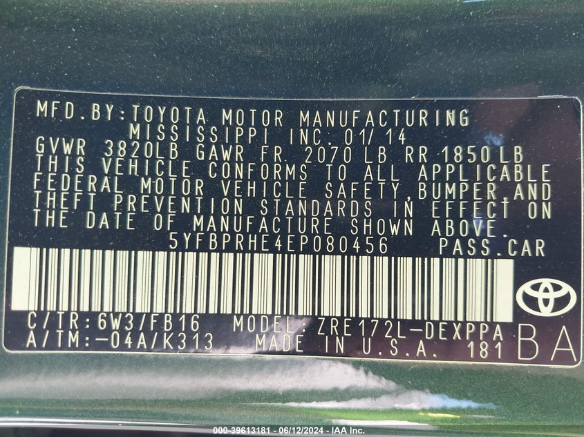 2014 Toyota Corolla Le Eco Plus VIN: 5YFBPRHE4EP080456 Lot: 39613181