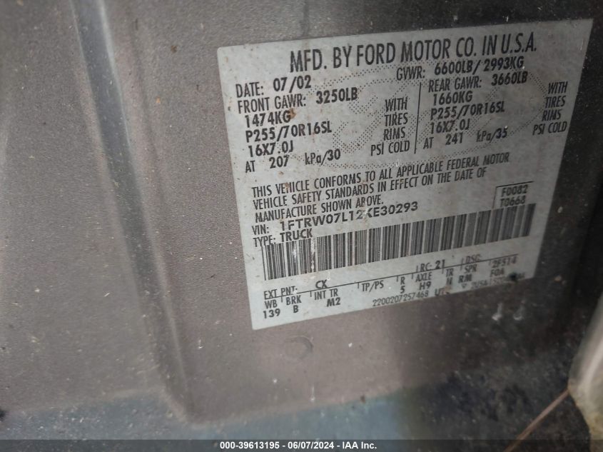 2002 Ford F-150 Lariat/Xlt VIN: 1FTRW07L12KE30293 Lot: 39613195