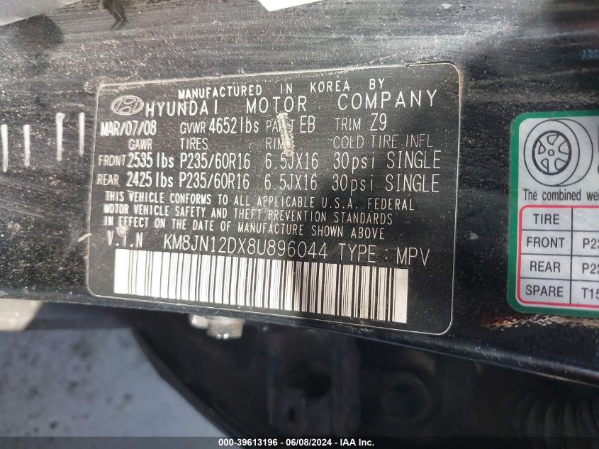 2008 Hyundai Tucson Limited V6/Se VIN: KM8JN12DX8U896044 Lot: 39613196