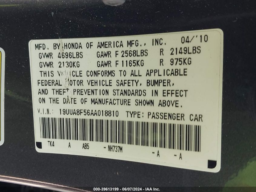 2010 Acura Tl 3.5 VIN: 19UUA8F56AA018810 Lot: 39613199