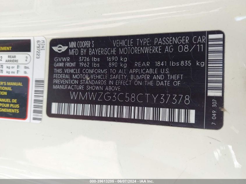 2012 Mini Cooper S Clubman VIN: WMWZG3C58CTY37378 Lot: 39613205