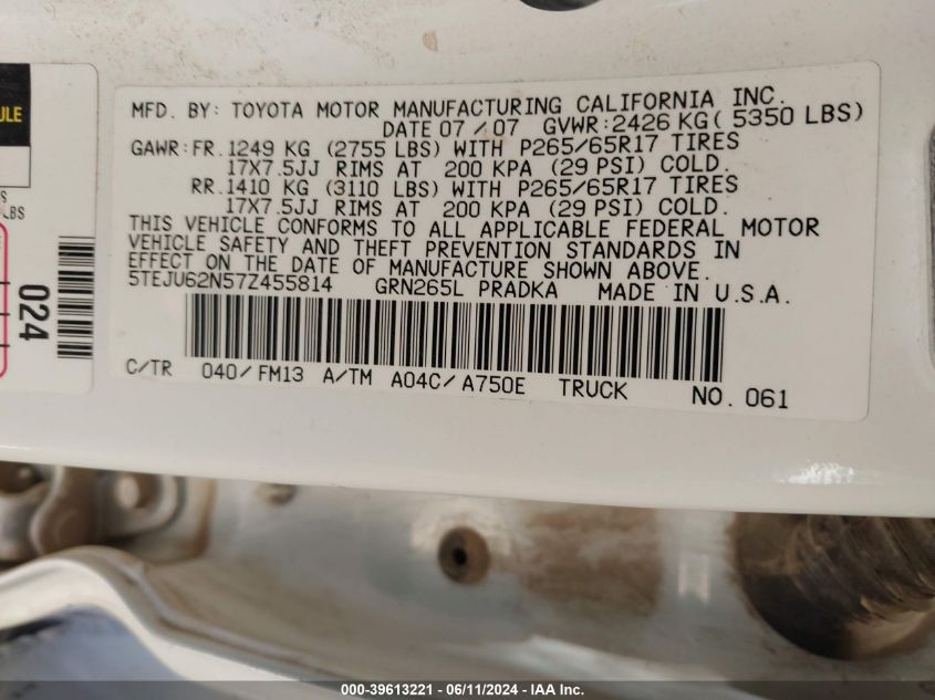 2007 Toyota Tacoma Double Cab Prerunner VIN: 5TEJU62N57Z455814 Lot: 39613221
