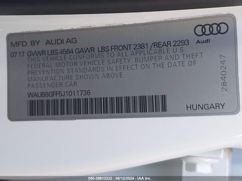 2018 Audi A3 2.0T Premium/2.0T Tech Premium VIN: WAUB8GFF5J1011736 Lot: 39613232