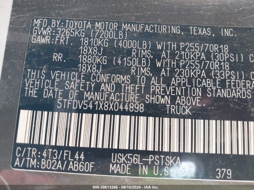 2008 Toyota Tundra Sr5 5.7L V8 VIN: 5TFDV541X8X044898 Lot: 39613266