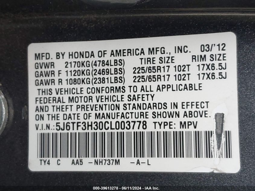 2012 Honda Crosstour 2.4 Ex VIN: 5J6TF3H30CL003778 Lot: 39613278