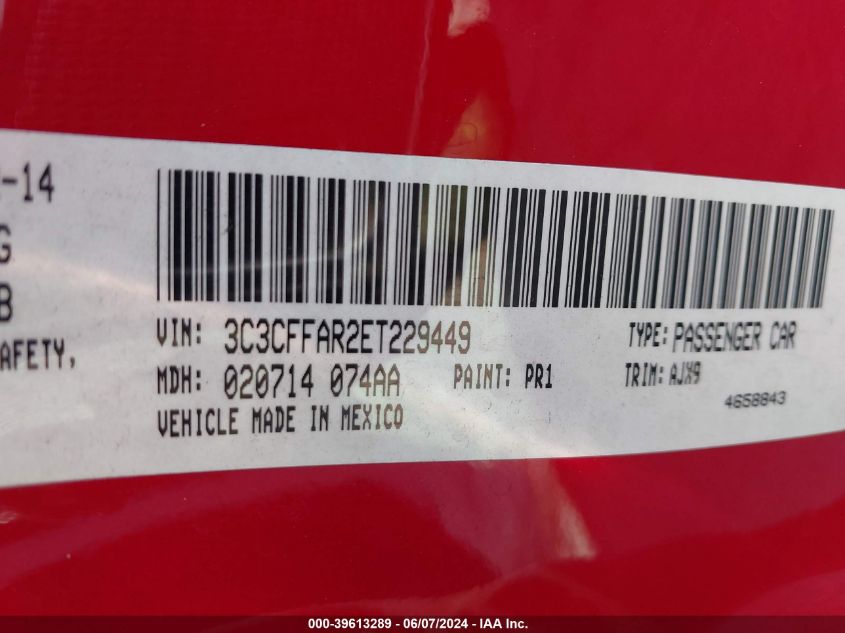 2014 Fiat 500 Pop VIN: 3C3CFFAR2ET229449 Lot: 39613289