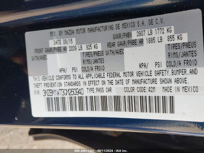 2016 Mazda Mazda3 I Touring VIN: 3MZBM1W73GM260940 Lot: 39613301