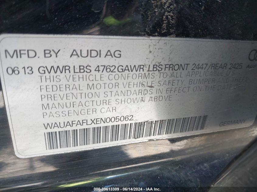 2014 Audi A4 2.0T Premium VIN: WAUAFAFLXEN005062 Lot: 39613309