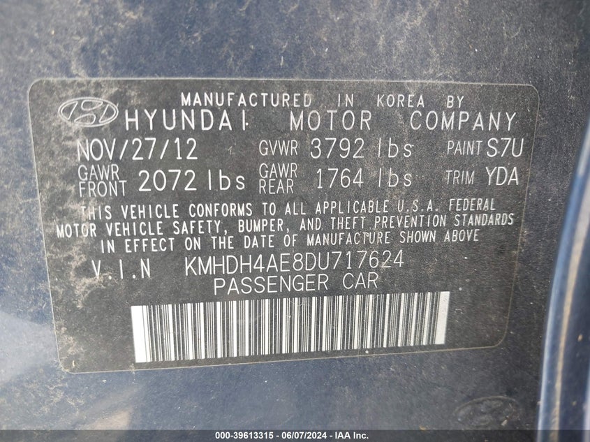 2013 Hyundai Elantra Gls VIN: KMHDH4AE8DU717624 Lot: 39613315