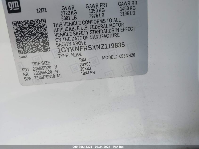 2022 Cadillac Xt5 Awd Premium Luxury VIN: 1GYKNFRSXNZ119835 Lot: 39613321