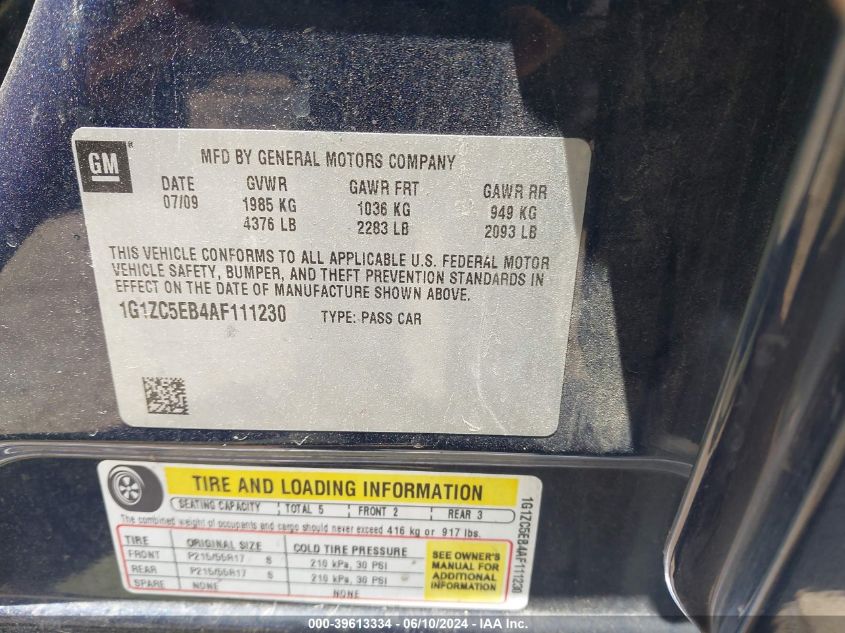 2010 Chevrolet Malibu Lt VIN: 1G1ZC5EB4AF111230 Lot: 39613334