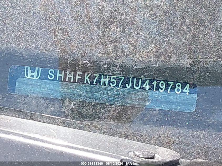 2018 Honda Civic Ex VIN: SHHFK7H57JU419784 Lot: 39613340