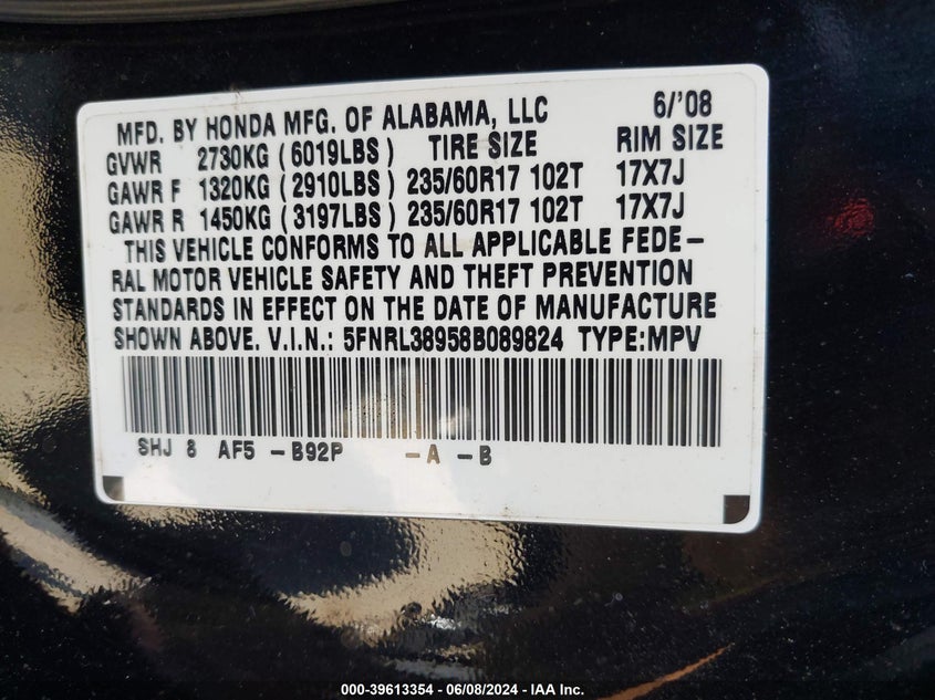 2008 Honda Odyssey Touring VIN: 5FNRL38958B089824 Lot: 39613354