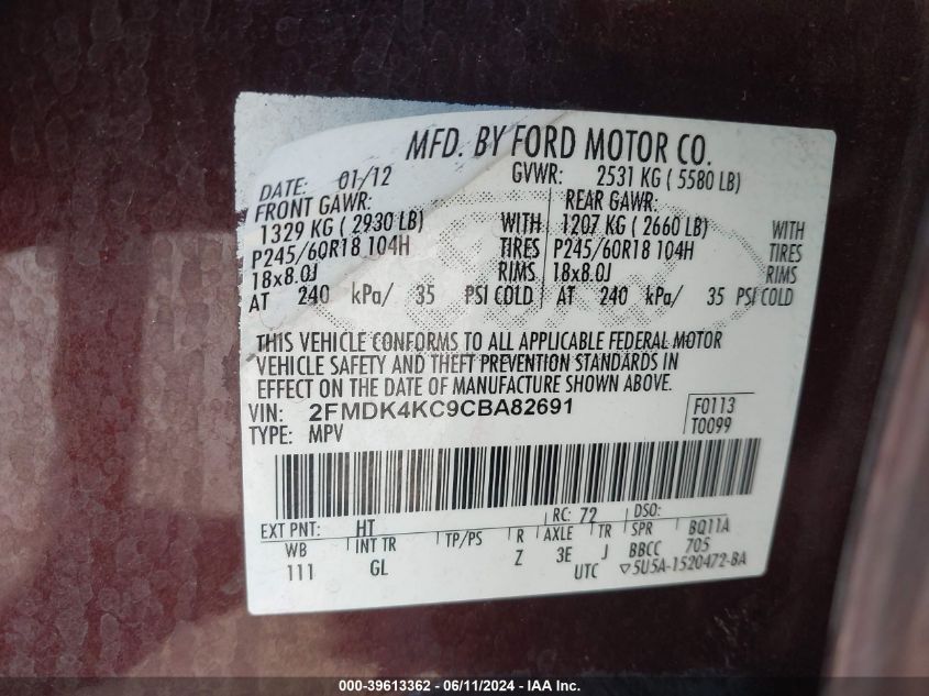 2012 Ford Edge Limited VIN: 2FMDK4KC9CBA82691 Lot: 39613362