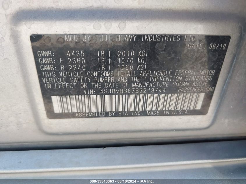 2011 Subaru Legacy 2.5I Premium VIN: 4S3BMBB67B3219744 Lot: 39613363