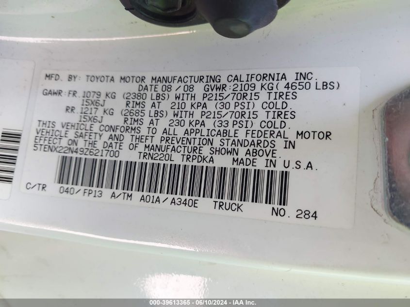 2009 Toyota Tacoma VIN: 5TENX22N49Z621700 Lot: 39613365