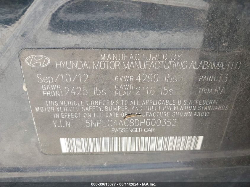 2013 Hyundai Sonata Se VIN: 5NPEC4AC8DH600352 Lot: 39613377