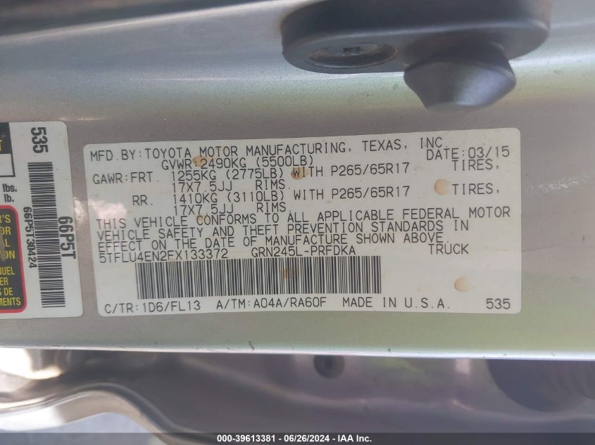 2015 Toyota Tacoma Double Cab/Trd Pro VIN: 5TFLU4EN2FX133372 Lot: 39613381