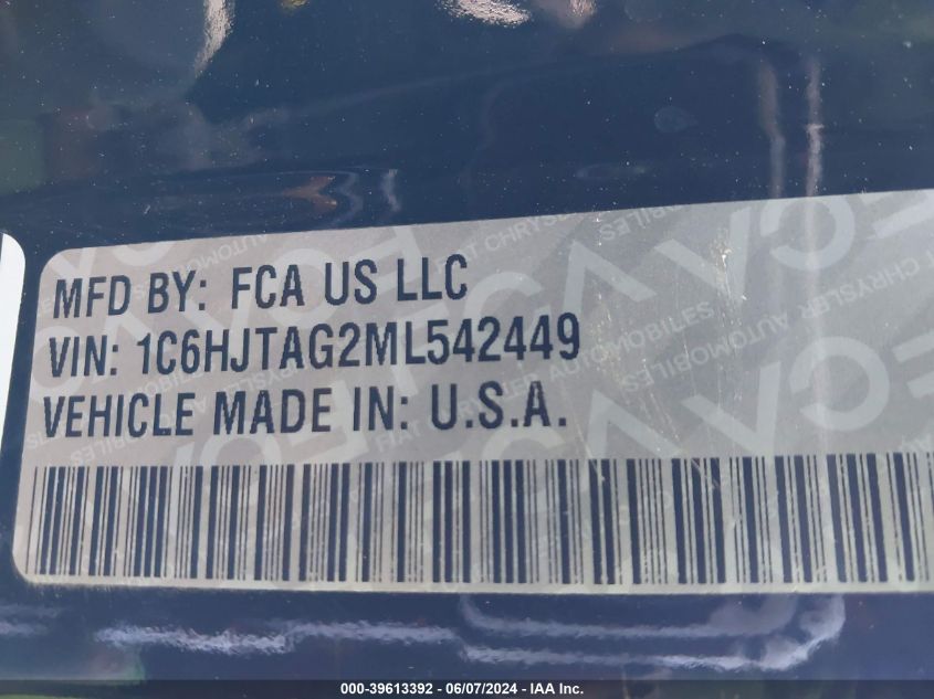 2021 Jeep Gladiator Willys 4X4 VIN: 1C6HJTAG2ML542449 Lot: 39613392
