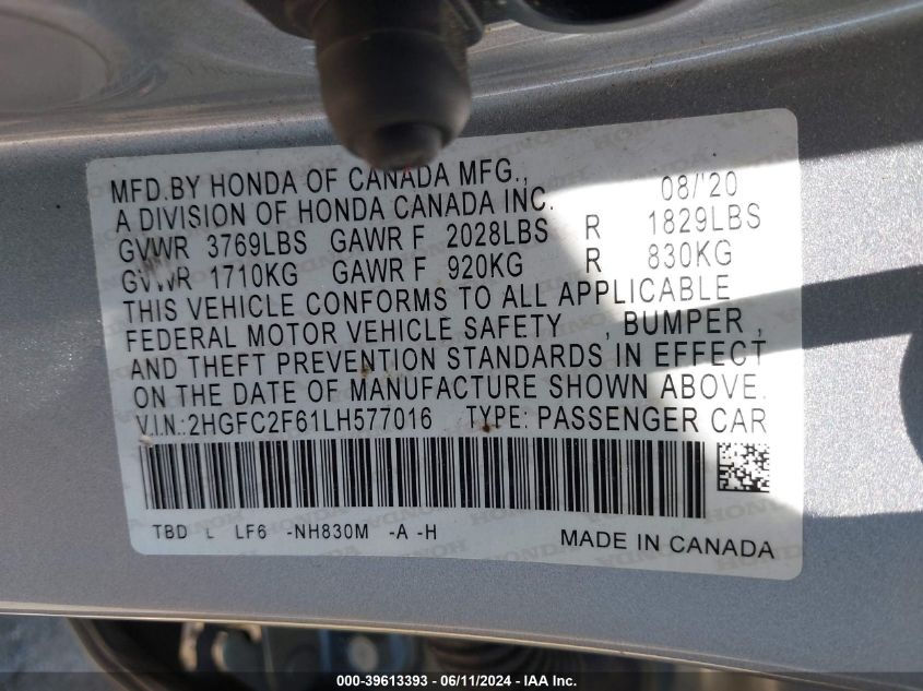 2020 Honda Civic Lx VIN: 2HGFC2F61LH577016 Lot: 39613393