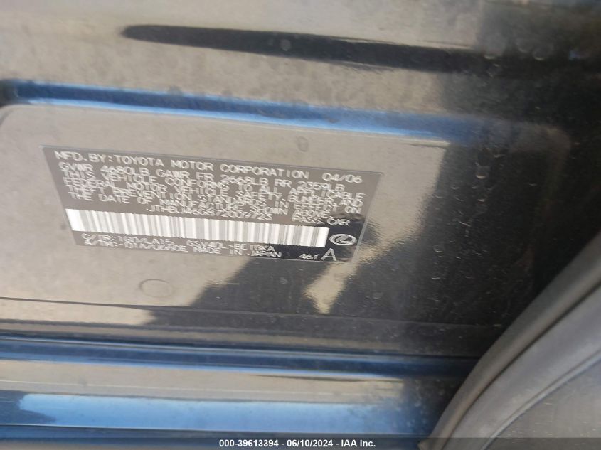 2007 Lexus Es 350 VIN: JTHBJ46G872009723 Lot: 39613394