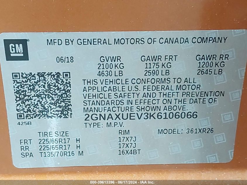 2019 Chevrolet Equinox Lt VIN: 2GNAXUEV3K6106066 Lot: 39613396