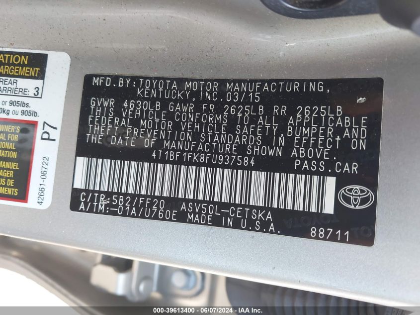 2015 Toyota Camry Se VIN: 4T1BF1FK8FU937584 Lot: 39613400