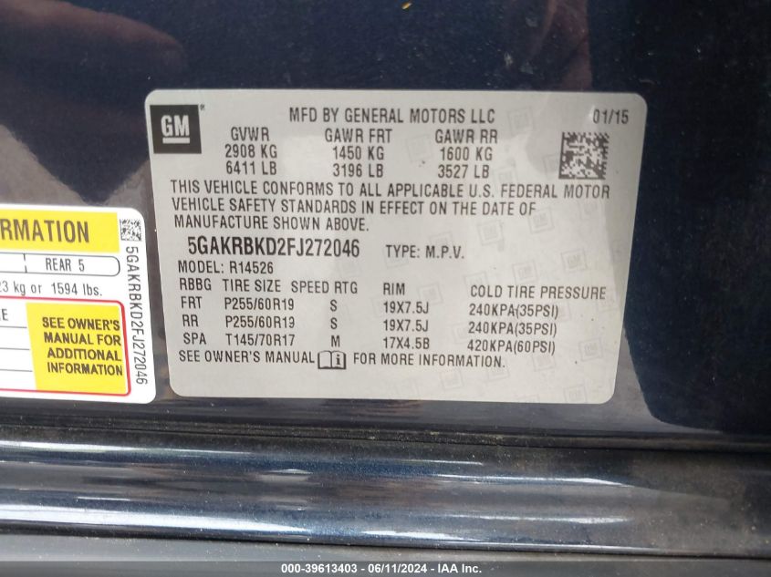 2015 Buick Enclave Leather VIN: 5GAKRBKD2FJ272046 Lot: 39613403