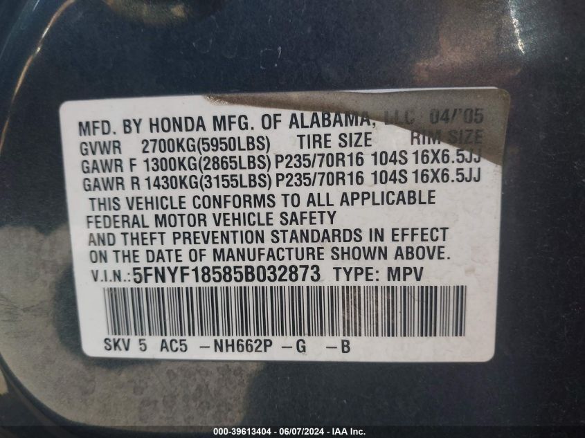 2005 Honda Pilot Ex-L VIN: 5FNYF18585B032873 Lot: 39613404