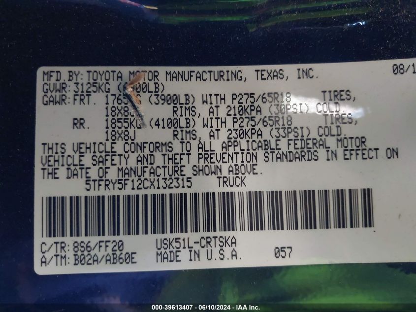 2012 Toyota Tundra Grade 5.7L V8 VIN: 5TFRY5F12CX132315 Lot: 39613407