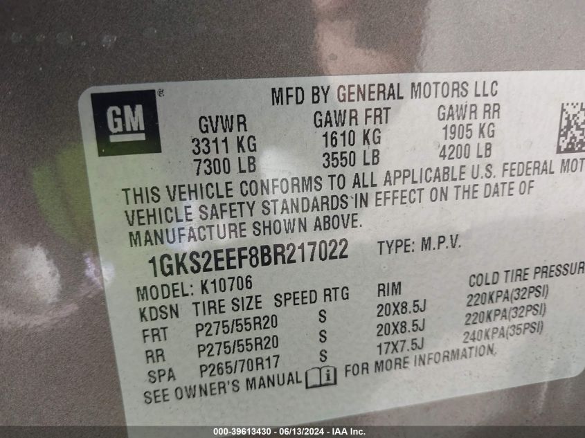 2011 GMC Yukon Denali VIN: 1GKS2EEF8BR217022 Lot: 39613430