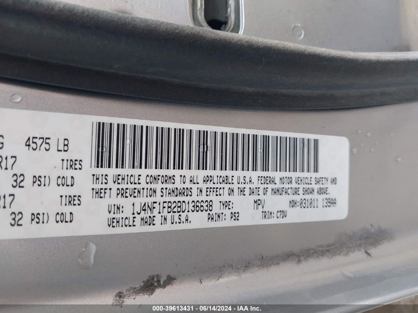 2011 Jeep Compass VIN: 1J4NF1FB2BD136638 Lot: 39613431