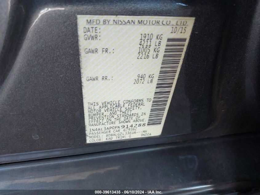 1N4AL3AP0FN914288 2015 Nissan Altima 2.5 S