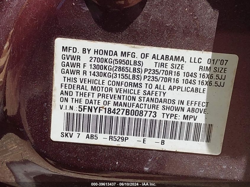 2007 Honda Pilot Ex VIN: 5FNYF18427B008773 Lot: 39613437